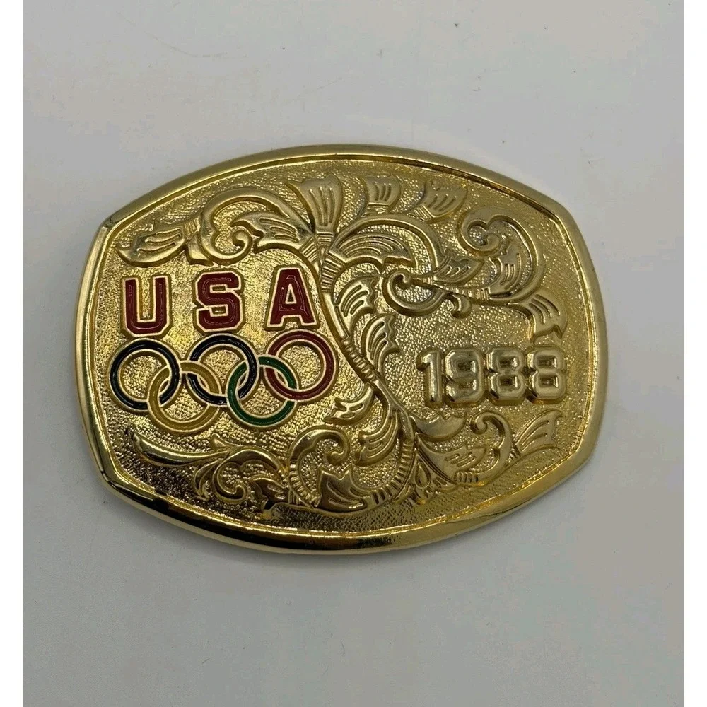 Olympics USA 1988 Belt Buckle Gold Olympic Rings Made in USA